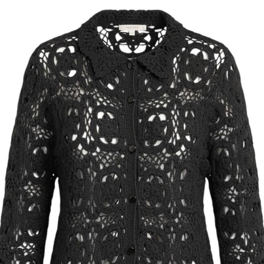 Vintage Oak Black Crochet Woven Duster Cardigan Long Boho Whimsigoth Medium